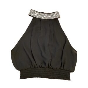 TRENDE BLACK CREPE CUT AWAY “DIAMOND” CHOKER COLLAR CROP TOP M NWOT